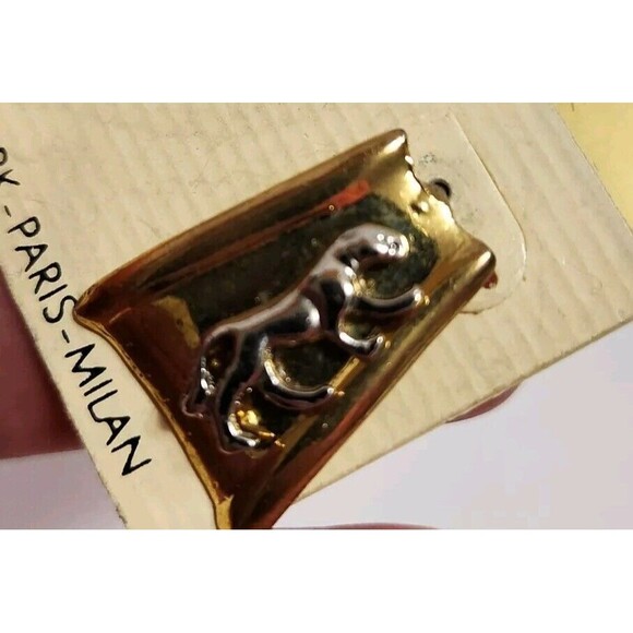 Vtg NEW Jordache Gold Tone Back With Silver Toned Tiger Pierced Earrings - Picture 2 of 4